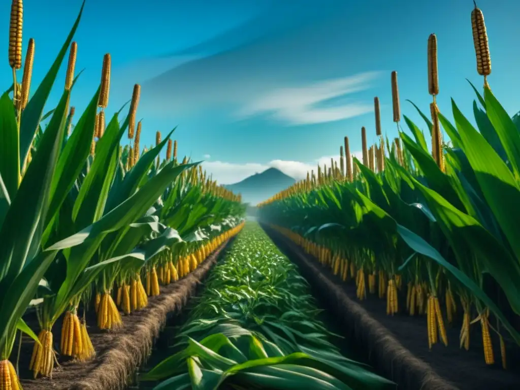 Vibrante maíz verde en chinampas, reflejando historia y sostenibilidad