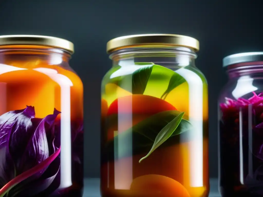 Vibrantes colores y burbujas en tarros de kimchi, historia de la fermentación de alimentos