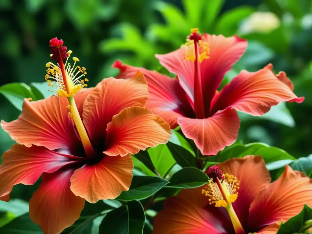 Vibrantes flores rojas de Flor de Jamaica en un jardín exuberante bajo el sol, detallando la belleza de la Flor de Jamaica historia culinaria