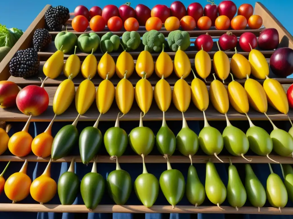 Vibrantes frutas y verduras en secadero de madera bajo el sol, influencia métodos antiguos secado alimentos