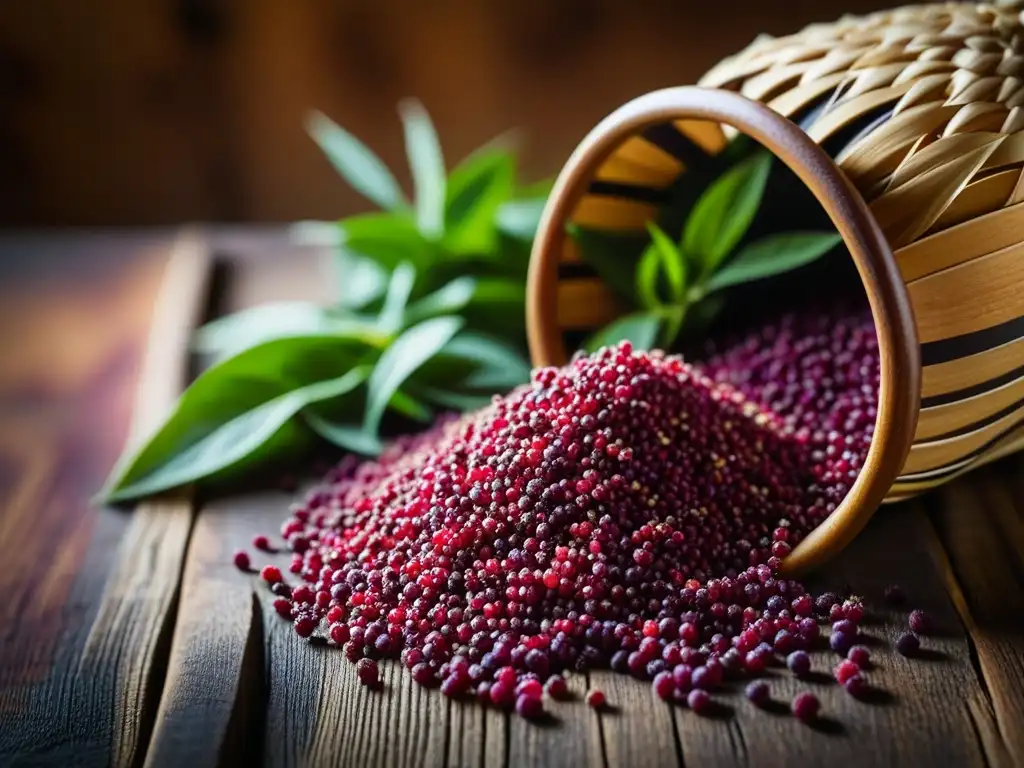 Vibrantes granos de amaranto derramándose de una cesta sobre una mesa de madera, resaltando los beneficios del amaranto como proteína vegetal