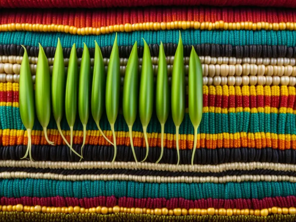 Vibrantes granos de quinua en patrón precolombino sobre textil rústico, evocando trueque alimenticio culturas precolombinas