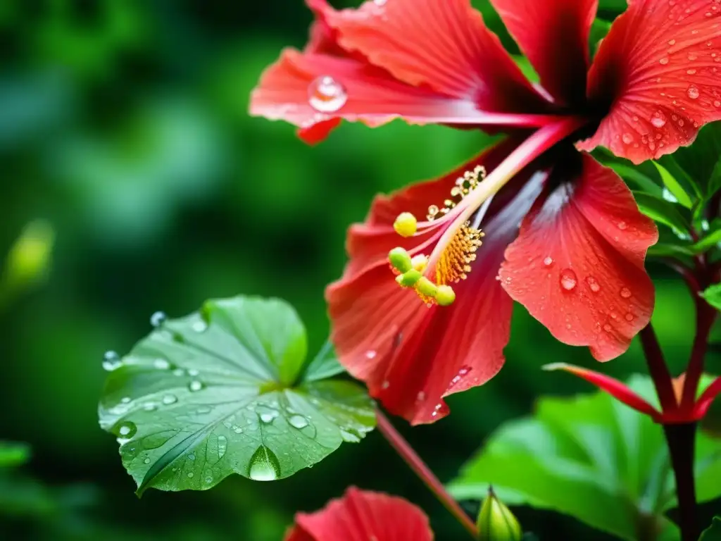 Vibrantes hibiscos rojos con gotas de lluvia en un exuberante jardín verde