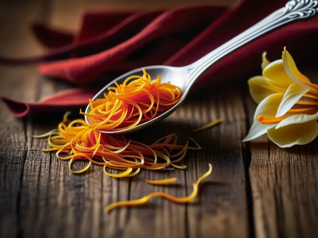 Saffron: Brillante esencia en cuchara de plata Vibrantes hilos de azafrán en cuchara de plata antigua sobre madera rústica