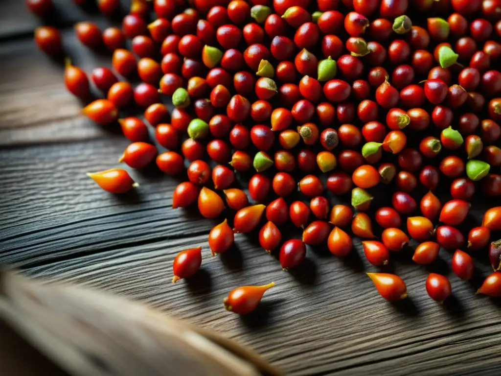 Vibrantes semillas de achiote en textura única sobre madera rústica