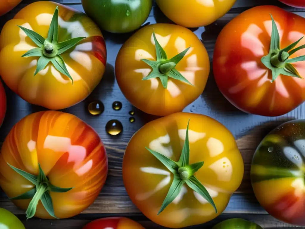 Vibrantes tomates orgánicos en tabla de madera, resaltando la diversidad y frescura