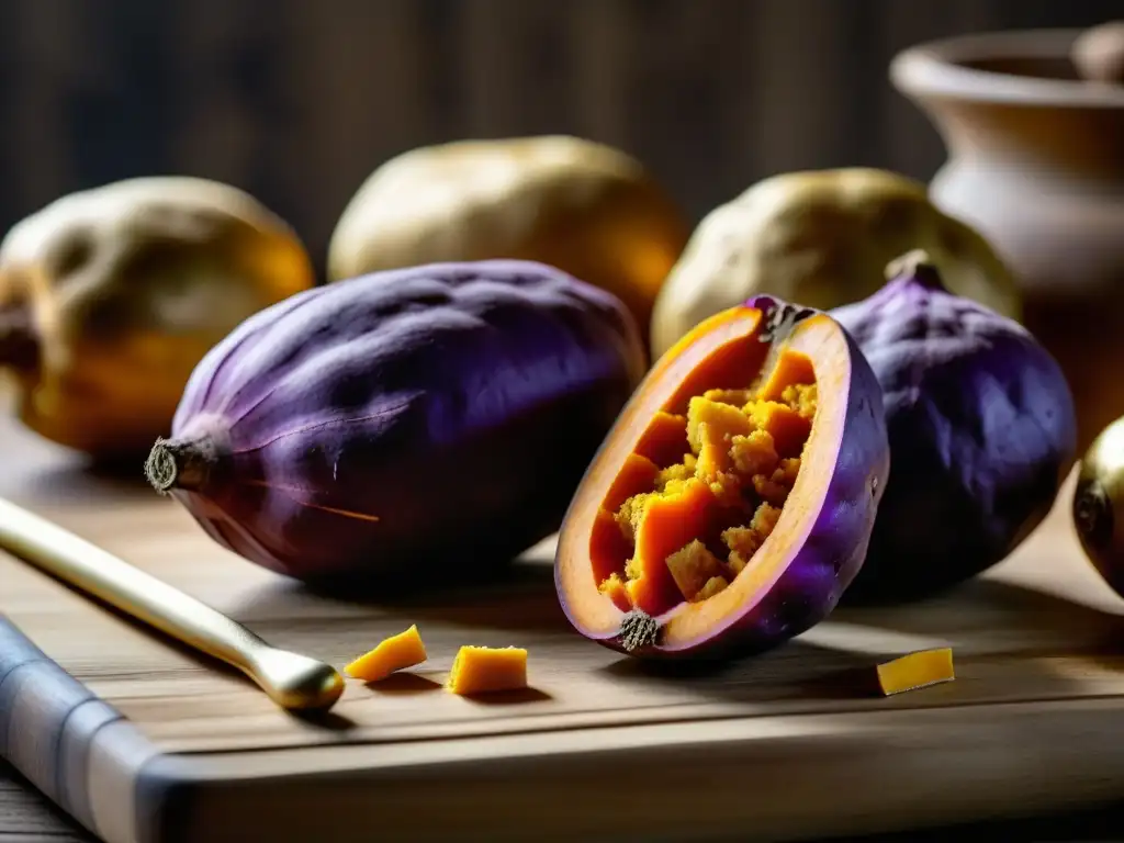 Exquisita naturaleza: batatas moradas y cúrcuma en detalle Vibrantes tubérculos morados de camote y raíces de cúrcuma dorada en tabla de madera rústica