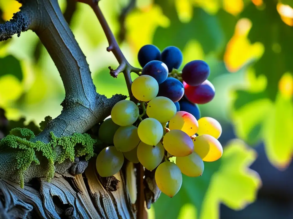 Vieja parra con uvas multicolores, bañadas por la luz del sol