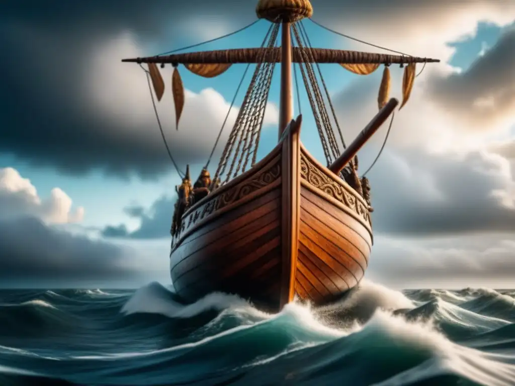 Alimentación vikinga: barco vikingo navegando en aguas turbulentas, detallando la madera, dragones tallados y vela, bajo un cielo tormentoso