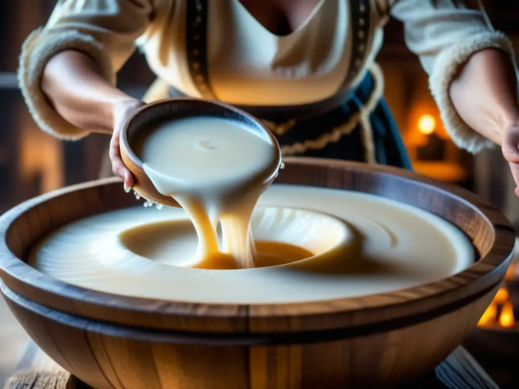 Una vikinga enérgica removiendo leche en un cuenco de madera, resaltando los beneficios lácteos en dieta vikinga