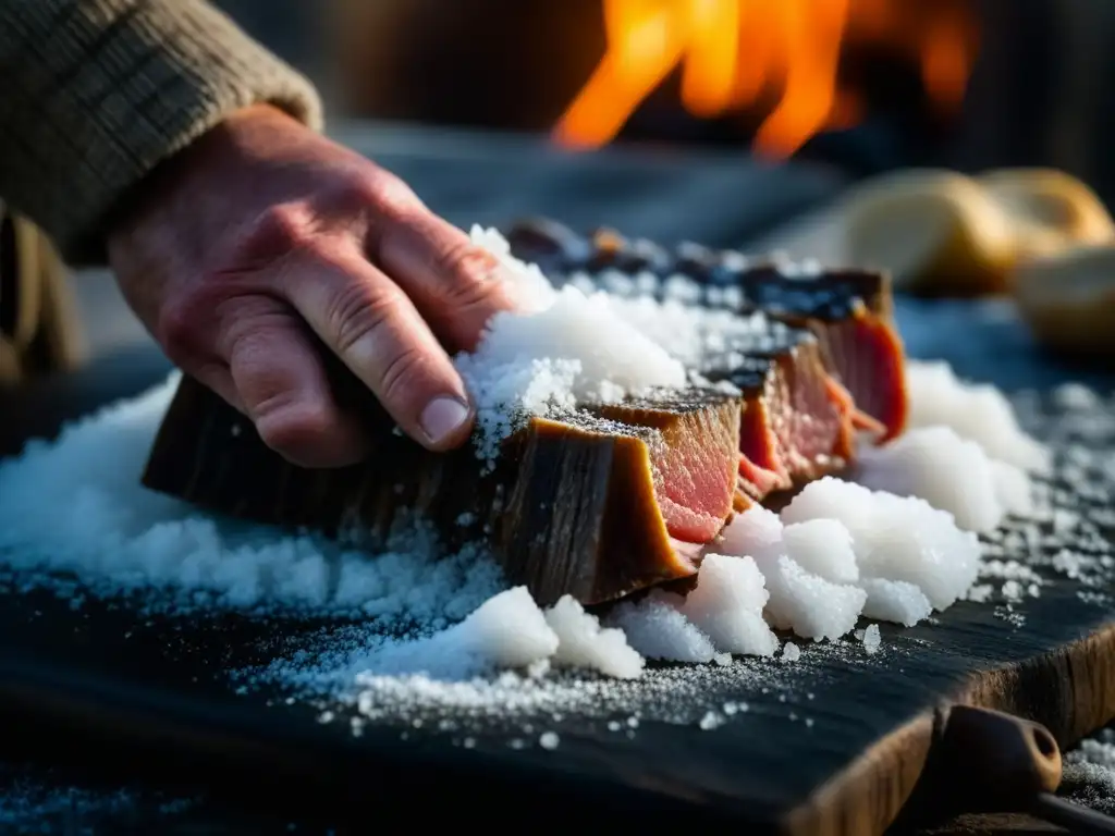 Un vikingo antiguo conserva alimentos salando carne bajo la luz de fuego, representando la conservación de alimentos en la era vikinga