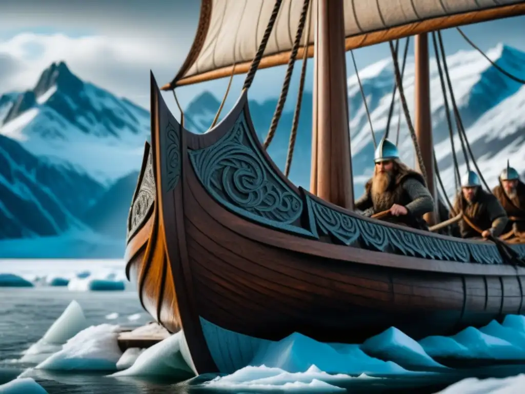 Vikingo navegando en su drakkar por aguas heladas, rodeado de paisaje nevado y montañas