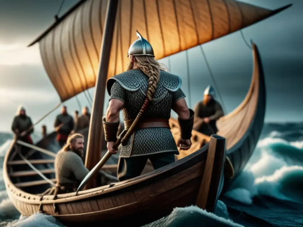 Vikingo con pescado fresco en barco, destacando la alimentación vikinga y la importancia del pescado