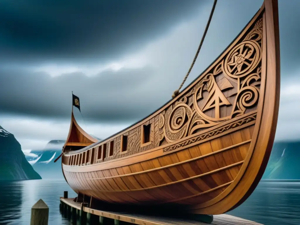 Prow de drakkar vikingo tallado, símbolos y patrones nórdicos en un fiordo neblinoso bajo un cielo dramático