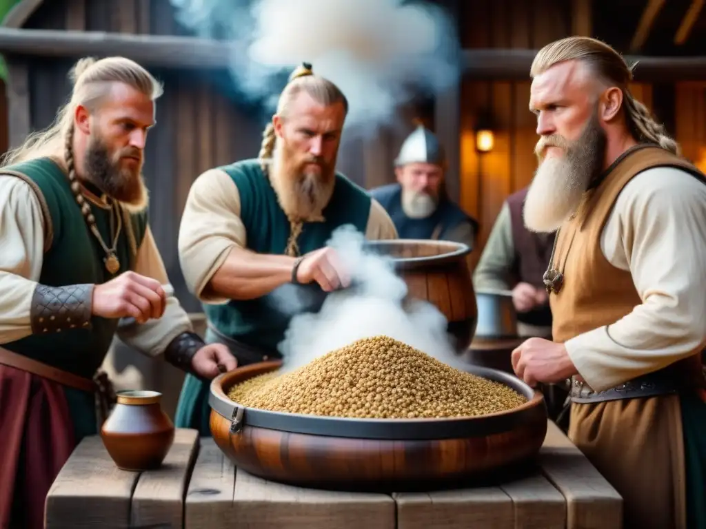 Vikingos elaborando cerveza con indumentaria tradicional en una aldea, destacando la historia de la cerveza era Vikinga