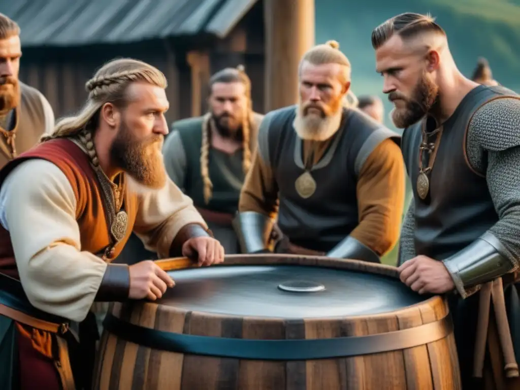 Vikingos observan con emoción la elaboración de cerveza en asentamiento vikingo, resaltando la autenticidad de la era y su significado cultural