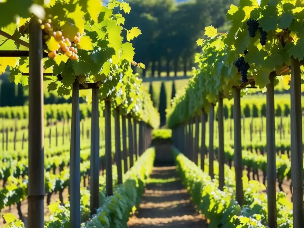 Viñedo romano exuberante bañado por el sol dorado, uvas, pilares antiguos y abejas