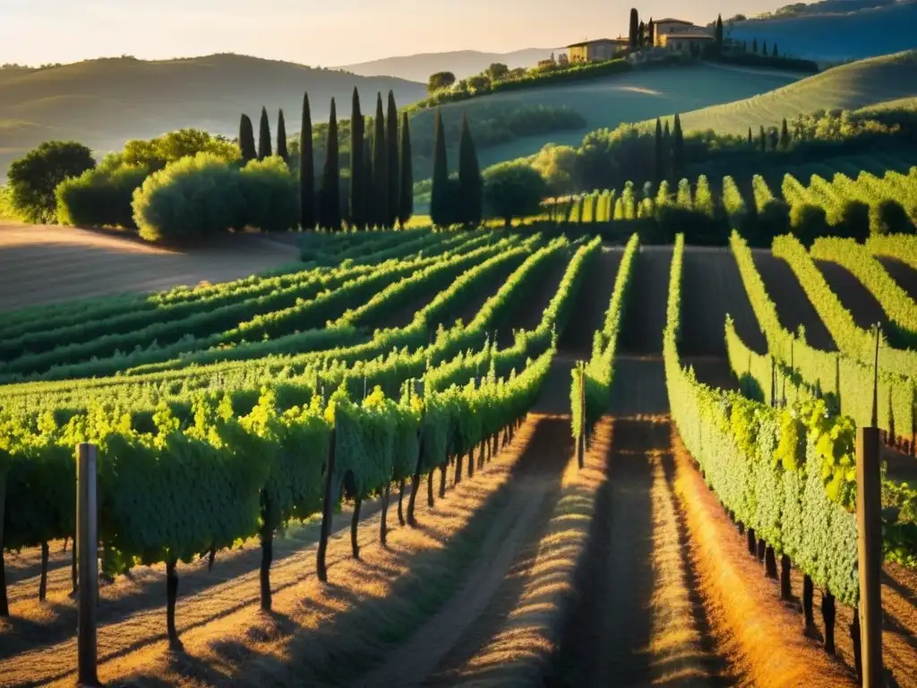 Viñedo toscano al atardecer: racimos maduros, luz dorada y belleza natural