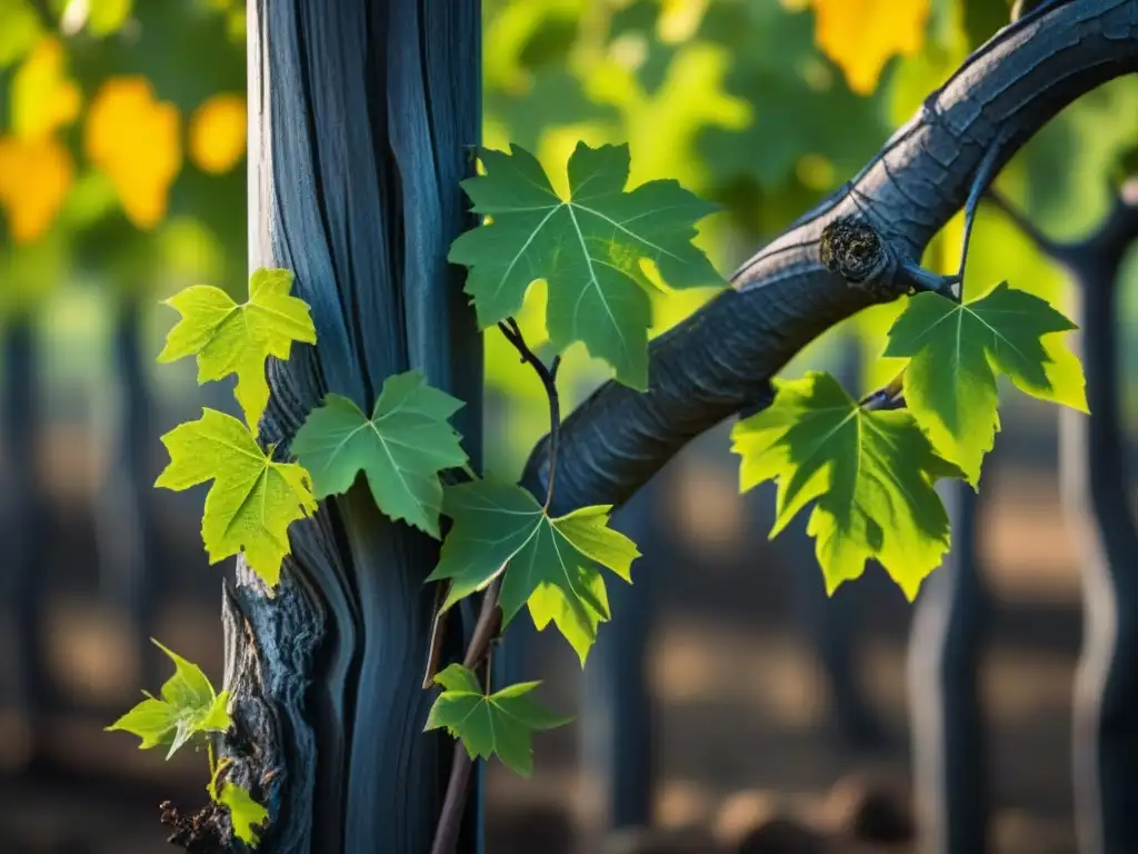 Viñedos centenarios historia vino: Detalle de antiguas vides entrelazadas, con hojas verdes y texturas marcadas por la luz del sol