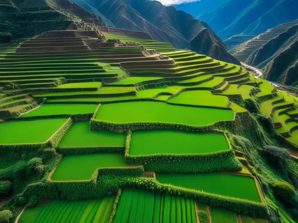 Vista aérea de terrazas agrícolas Incas en los Andes, destacando las prácticas agrícolas sostenibles Incas