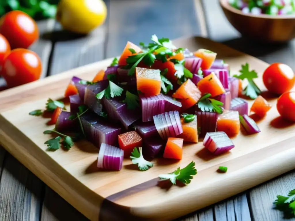 Una vista cercana de la adaptación andina de ceviche de trucha, resaltando los colores vibrantes y texturas frescas en una tabla de madera rústica