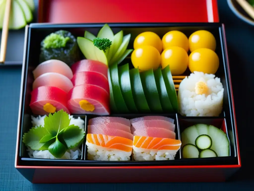 Exquisita artesanía culinaria samurái: bento box detallado Una vista cercana de un bento japonés tradicional, con platos emblemáticos samuráis historia bellamente presentados