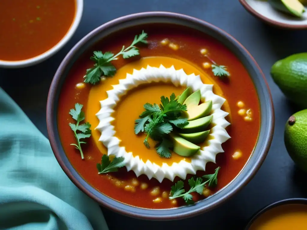 Una vista cercana de una bowl de Sopa Tarasca humeante con aguacate, queso y crema