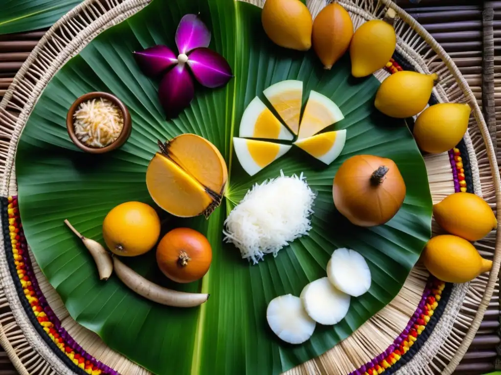 Una vista cercana de una colorida comida tradicional micronesia en hoja de palma tejida