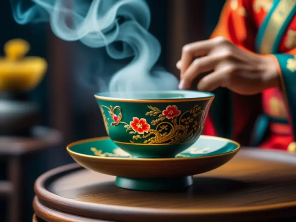 Una vista cercana de una delicada taza china con diseños tradicionales, mostrando la historia del té en China