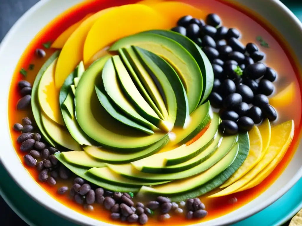 Una vista cercana de una deliciosa Sopa Tarasca, resaltando sus colores y texturas