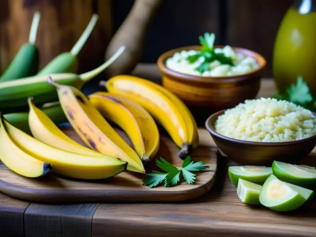 Una vista cercana y detallada de ingredientes tradicionales dominicanos en una mesa rústica