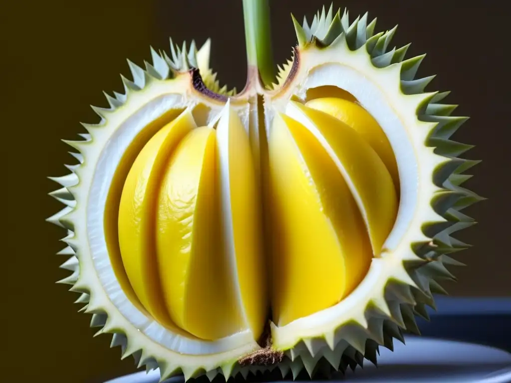 Una vista cercana de un durian abierto, revelando su pulpa cremosa y amarilla con destellos de su distintivo olor