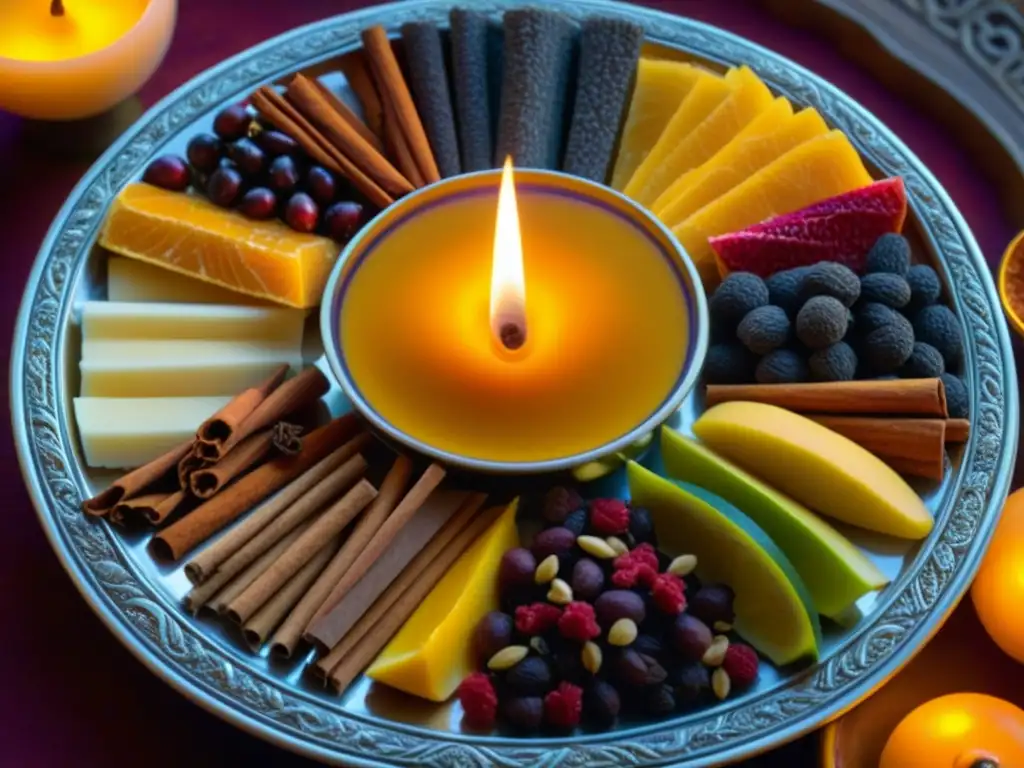 Una vista cercana de un elegante plato de plata lleno de especias y frutas secas, con patrones intrincados y colores vibrantes, iluminado por velas