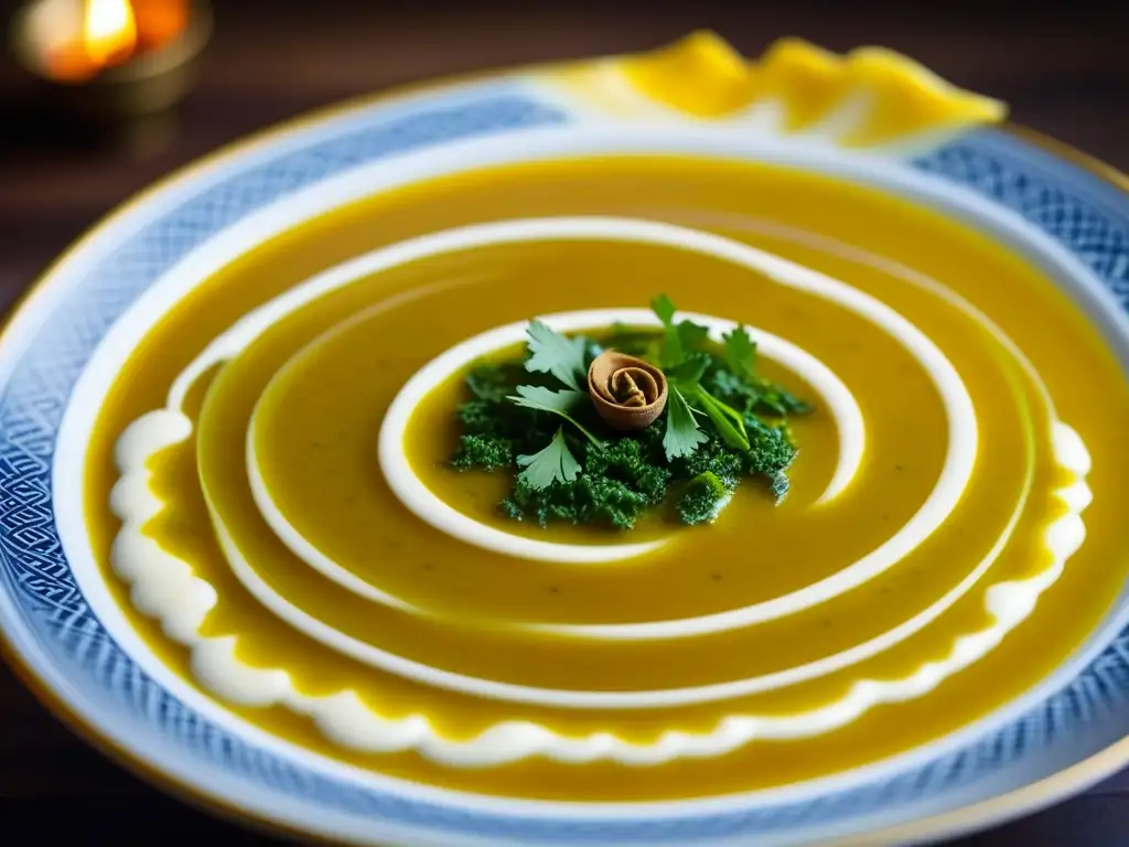 Una vista cercana de una exquisita sopa Mughal, con capas de especias y crema