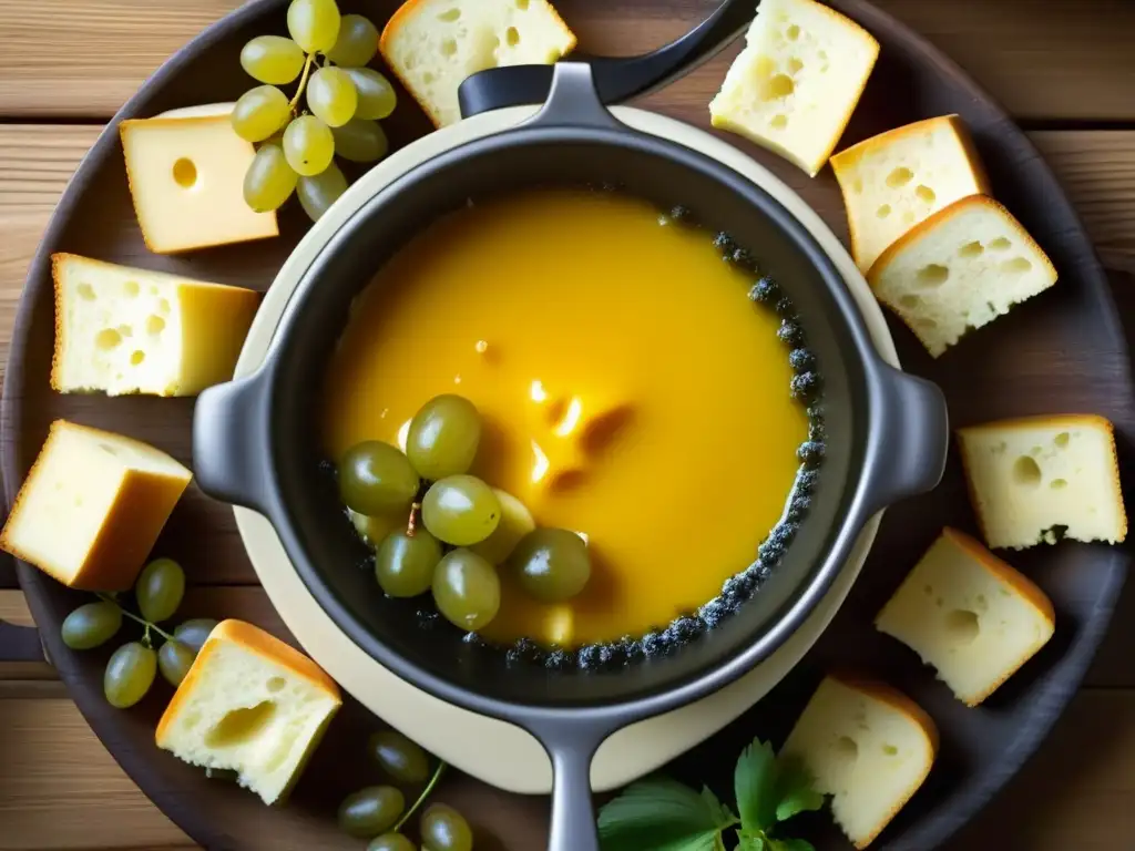 Vista cercana de fondue suizo con pan, uvas y pepinillos en mesa rústica