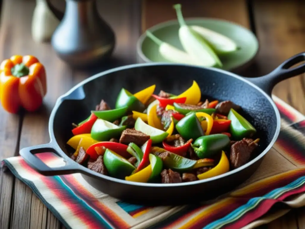 Una vista cercana de una sartén de hierro con fajitas, en una mesa de madera rústica con textiles mexicanos