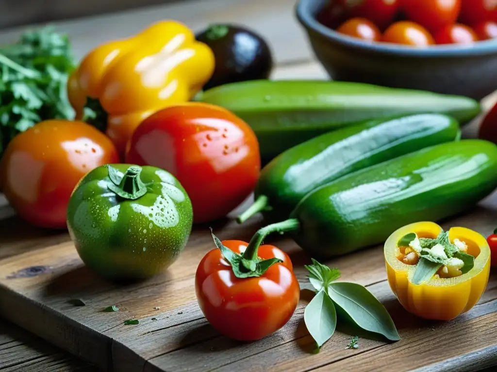 Una vista cercana de ingredientes nativos Hispanoamericanos frescos y coloridos en una mesa rústica, resaltando los beneficios de la cocina criolla