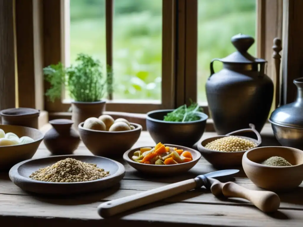 Una vista cercana de una mesa de madera rústica con ingredientes medievales