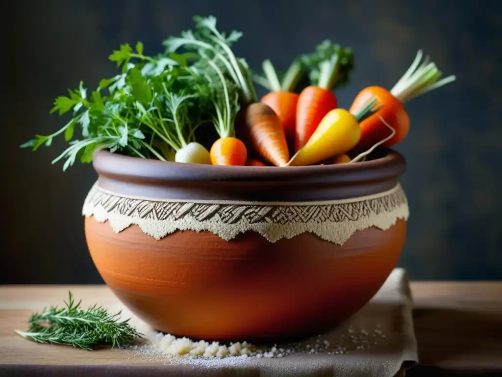 Vista cercana de olla de arcilla con vegetales y hierbas secas, representando la conservación de alimentos en PreVikingos