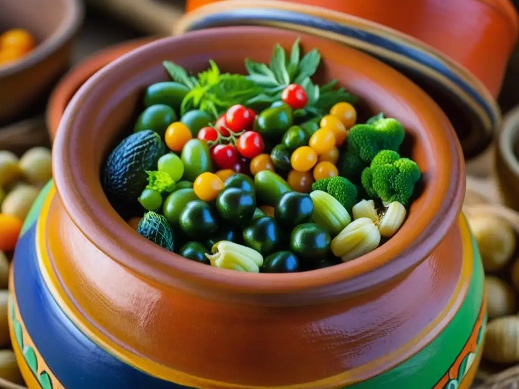 Una vista cercana de una olla de barro con frutas y verduras preservadas, resaltando las técnicas de conservación de alimentos durante la colonización