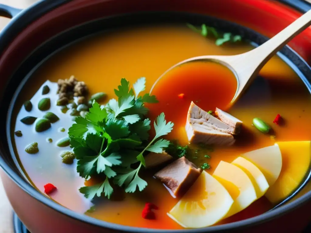 Una vista cercana de una olla burbujeante con la tradicional preparación de Kak'ik Maya, resaltando sus colores vibrantes y su atmósfera cultural