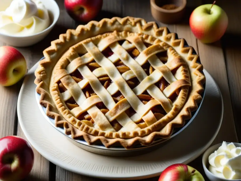 Una vista cercana de un plato de tarta de manzana americana con diseño de rejilla, crema batida y manzanas rojas