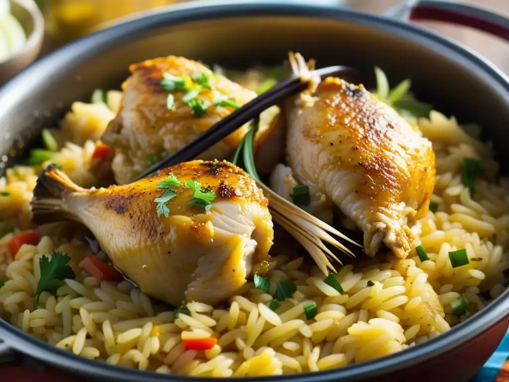 Una vista cercana de un potente caldero burbujeante de arroz con pollo, resaltando los colores y texturas vibrantes de este plato tradicional español