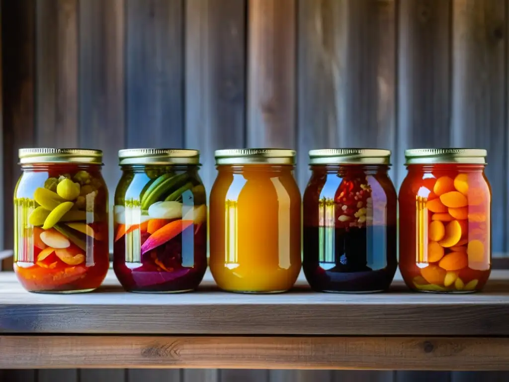 Una vista cercana de tarros con alimentos fermentados coloridos en una estantería de madera rústica