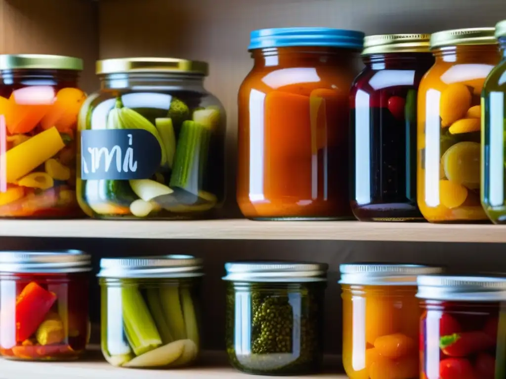 Una vista cercana de tarros coloridos con vegetales encurtidos y kimchi, resaltando texturas y colores vibrantes