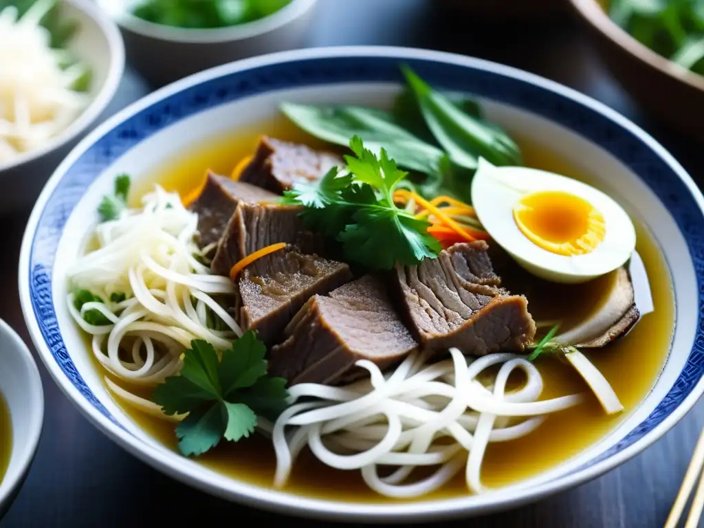 Una vista cercana de un tazón humeante de Bún bò Huế, resaltando sus capas de sabores y texturas