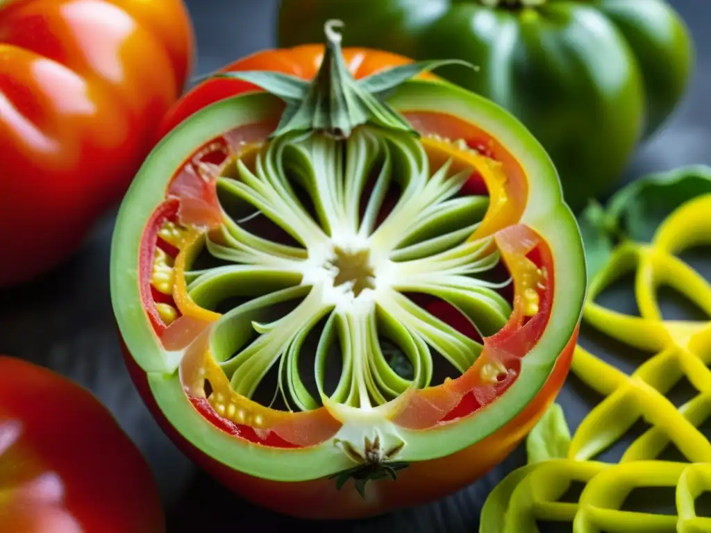 Una vista cercana de un tomate criollo vibrante, cortado para revelar sus patrones y semillas, rodeado de hierbas frescas y pimientos coloridos