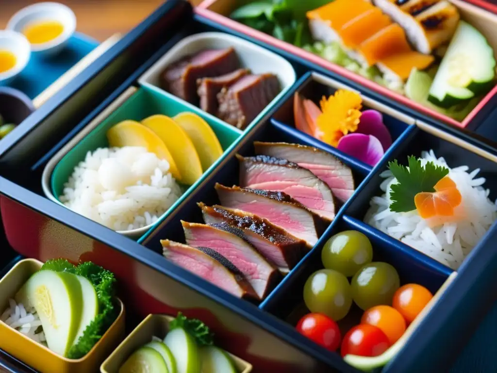 Una vista cercana de un tradicional bento japonés con introducción carne dieta japonesa