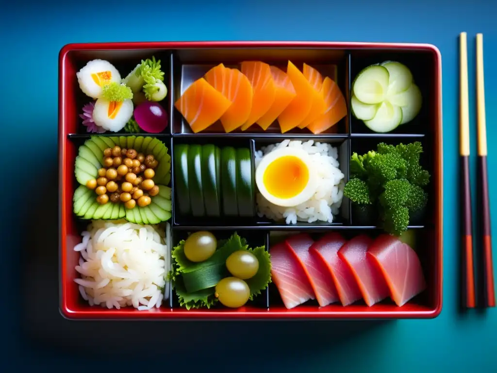 Una vista cercana de un tradicional bento japonés con platillos inspirados en los samuráis, mostrando la dieta guerrera era samurái