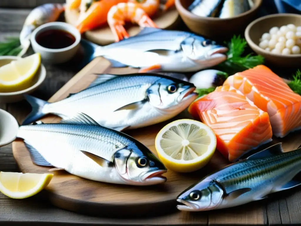 Una vista cercana de una variedad de mariscos frescos en una mesa rústica